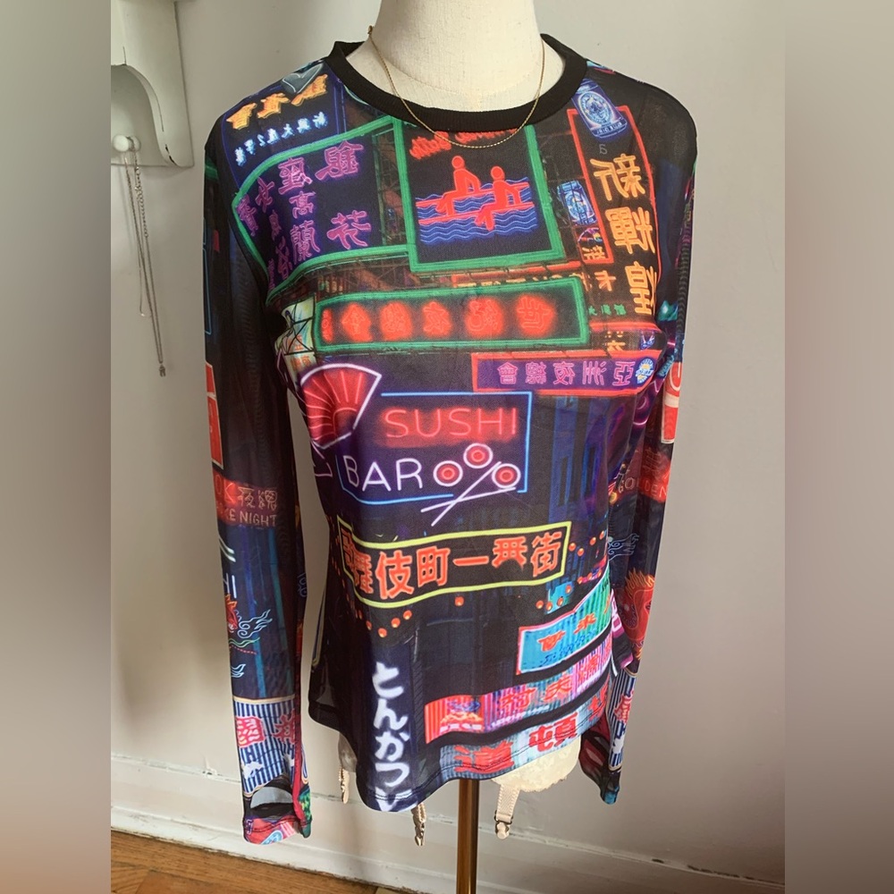 Current Mood Pink and Blue Graphic Long Sleeve Mesh Blouse